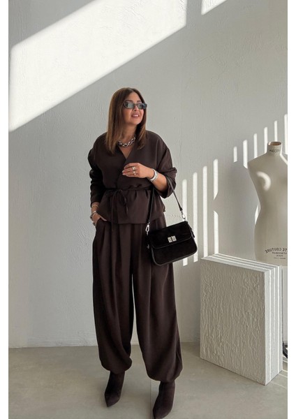 Kahverengi Şalvar Pantolonlu Takım