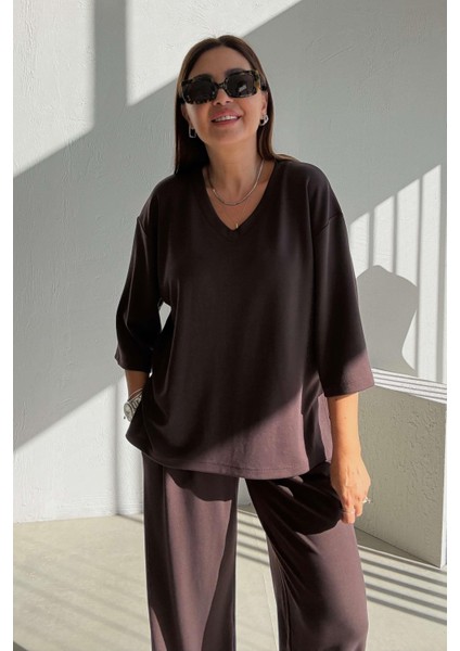 Kahverengi Düşük Kollu V Yaka Takım modelleri