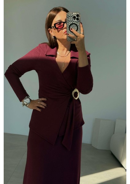 Bordo Yumoş Etek Bluz Takım
