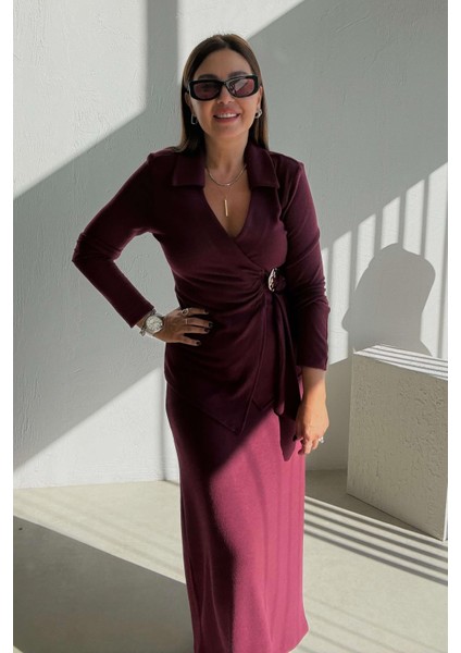 Bordo Yumoş Etek Bluz Takım