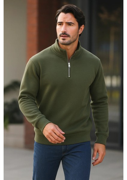 Erkek Trend Premium Haki Fermuarlı Sweatshirt fiyatları