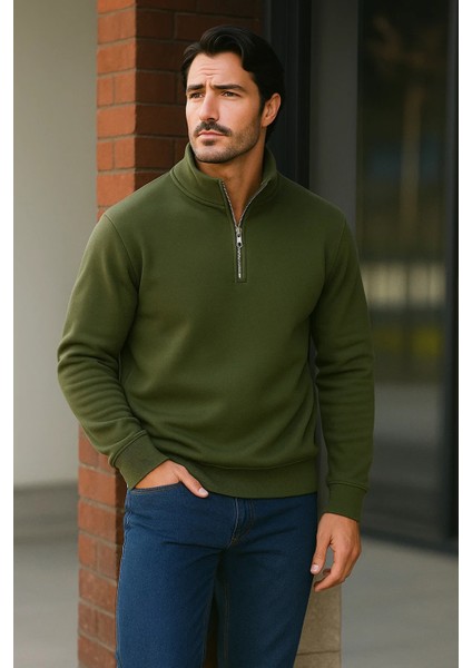 Erkek Trend Premium Haki Fermuarlı Sweatshirt fırsatları