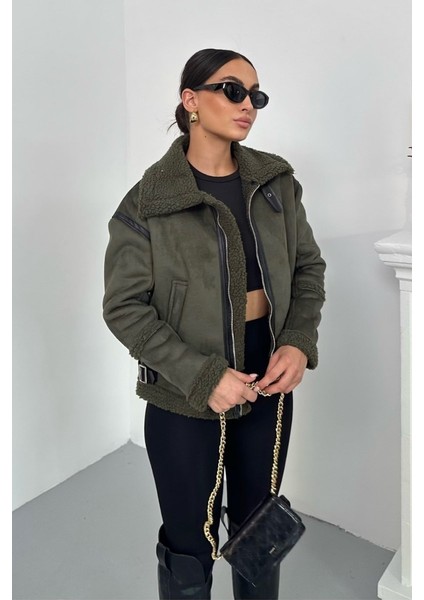 Kadın Süet Mont Içi Kürklü Fermuarlı Cepli Yaka ve Kol Detaylı Premium Regular Ceket