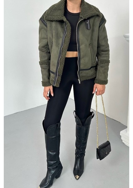 Kadın Süet Mont Içi Kürklü Fermuarlı Cepli Yaka ve Kol Detaylı Premium Regular Ceket