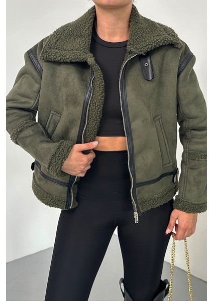 Kadın Süet Mont Içi Kürklü Fermuarlı Cepli Yaka ve Kol Detaylı Premium Regular Ceket