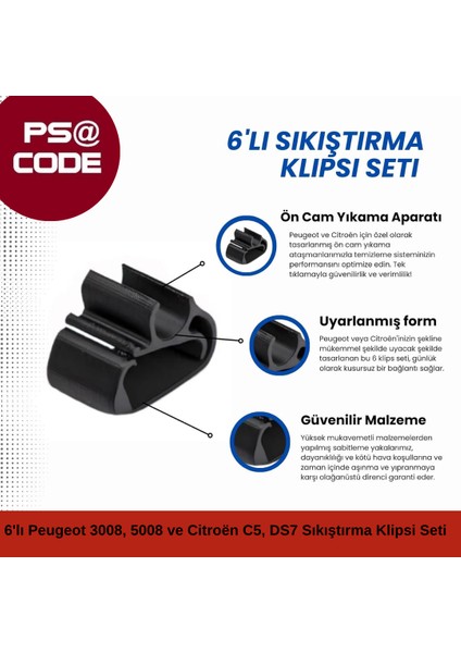 Silecek Koluna 6'lı Sıkıştırma Klipsi Seti: Peugeot 3008, 5008 ve Citroën C5 Aircross, Ds7 Uyumlu modelleri