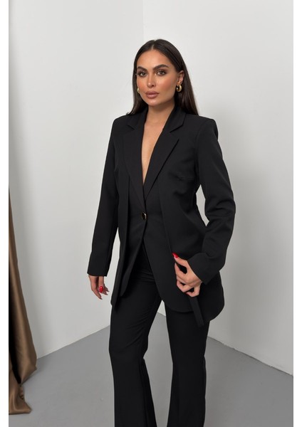 Kadın Ikili Alt Üst Takım Şık Çift Katlı Düğmeli Blazer Ceket Bol Paça Pantolon Takım