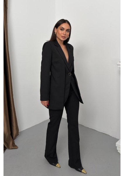 Kadın Ikili Alt Üst Takım Şık Çift Katlı Düğmeli Blazer Ceket Bol Paça Pantolon Takım fiyatları