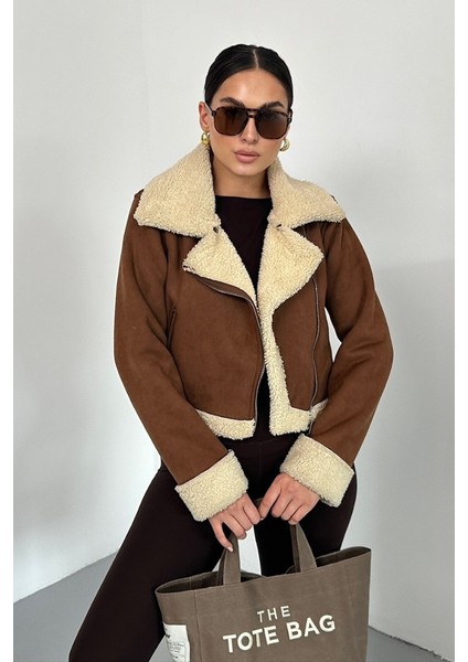 Kadın Süet Mont Kısa Içi Kürklü Kruvaze Fermuarlı Cepli Ceket