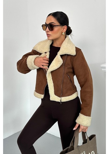 Kadın Süet Mont Kısa Içi Kürklü Kruvaze Fermuarlı Cepli Ceket fırsatları