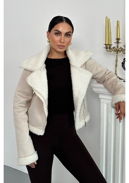 Kadın Süet Mont Kısa Içi Kürklü Kruvaze Fermuarlı Cepli Ceket
