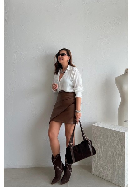 Kahverengi Drapeli Deri Etek