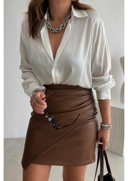 Kahverengi Drapeli Deri Etek modelleri