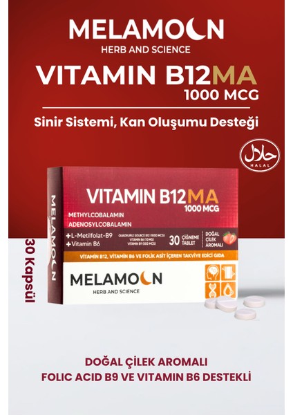 Vitamin B12, Vitamin B6 ve Folik Asit Içeren Takviye Edici Gıda. 1000MCG Vitamin B12