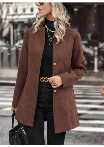 Şık Tasarım Yaka Kahverengi Kaşe Kaban