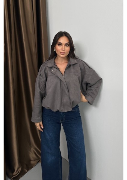 Kadın Mont Kısa Oversize Süet Fermuarlı Gömlek Yaka Düşük Omuz Ceket