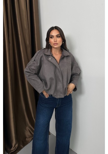 Kadın Mont Kısa Oversize Süet Fermuarlı Gömlek Yaka Düşük Omuz Ceket fiyatları