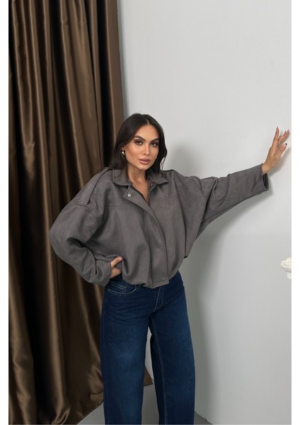 Kadın Mont Kısa Oversize Süet Fermuarlı Gömlek Yaka Düşük Omuz Ceket modelleri