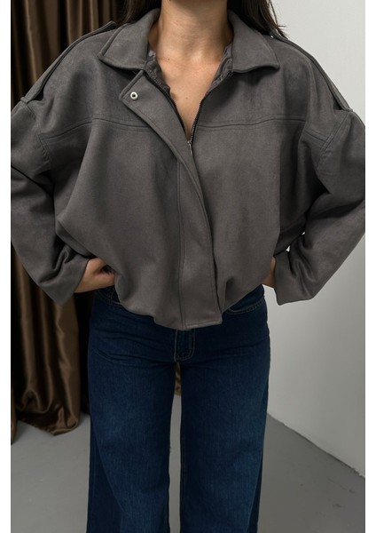 Kadın Mont Kısa Oversize Süet Fermuarlı Gömlek Yaka Düşük Omuz Ceket indirimleri