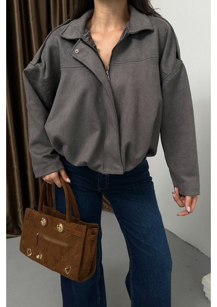 Kadın Mont Kısa Oversize Süet Fermuarlı Gömlek Yaka Düşük Omuz Ceket