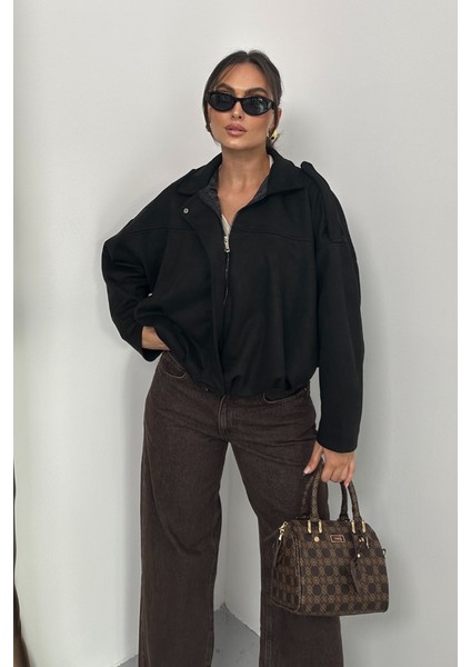 Kadın Mont Kısa Oversize Süet Fermuarlı Gömlek Yaka Düşük Omuz Ceket