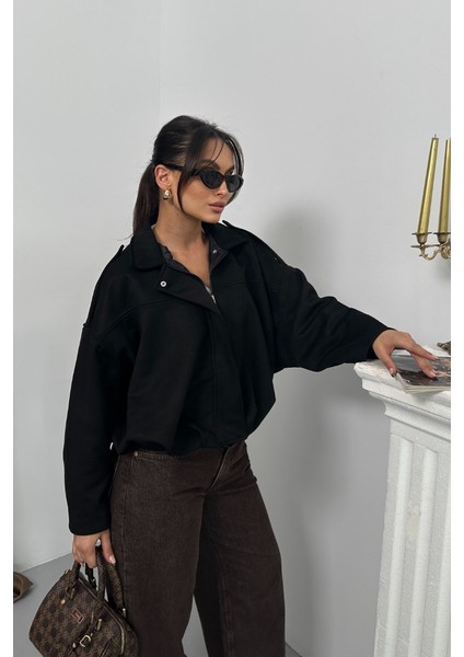 Kadın Mont Kısa Oversize Süet Fermuarlı Gömlek Yaka Düşük Omuz Ceket modelleri