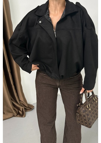 Kadın Mont Kısa Oversize Süet Fermuarlı Gömlek Yaka Düşük Omuz Ceket fırsatları