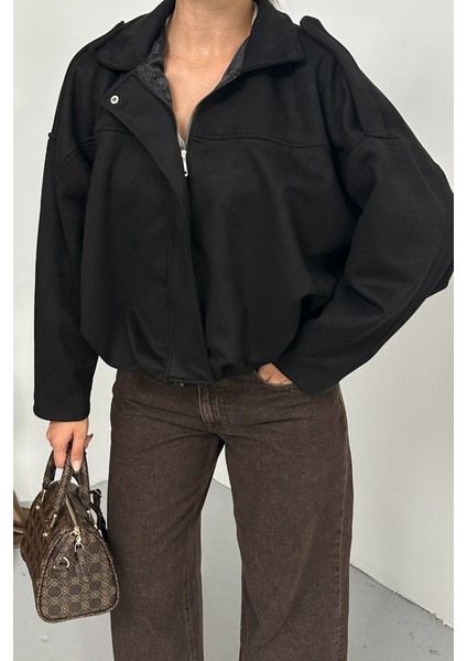 Kadın Mont Kısa Oversize Süet Fermuarlı Gömlek Yaka Düşük Omuz Ceket indirimleri