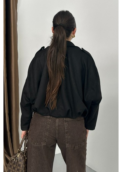 Kadın Mont Kısa Oversize Süet Fermuarlı Gömlek Yaka Düşük Omuz Ceket