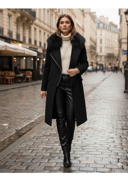 Kadın Kürklü Kaşe Kışlık Siyah Kaban fiyatları
