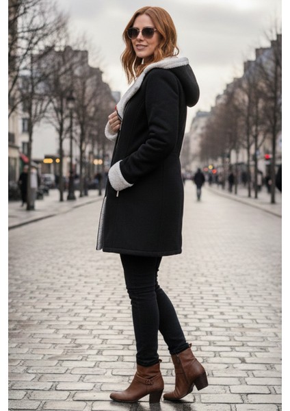 Kadın Günlük Siyah Kaşe Kışlık Kaban fırsatları