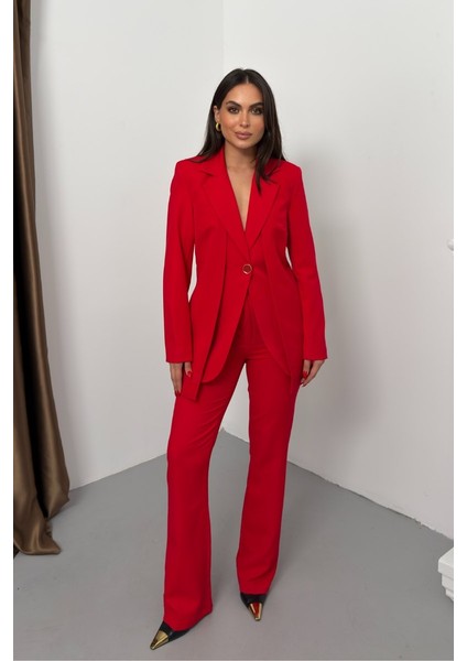 Kadın Ikili Alt Üst Takım Şık Çift Katlı Düğmeli Blazer Ceket Bol Paça Pantolon Takım