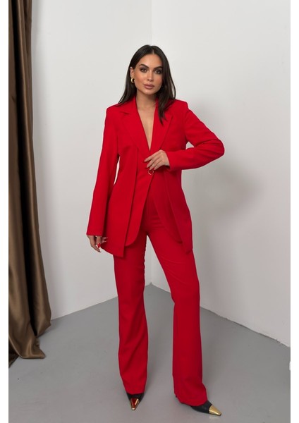 Kadın Ikili Alt Üst Takım Şık Çift Katlı Düğmeli Blazer Ceket Bol Paça Pantolon Takım fırsatları