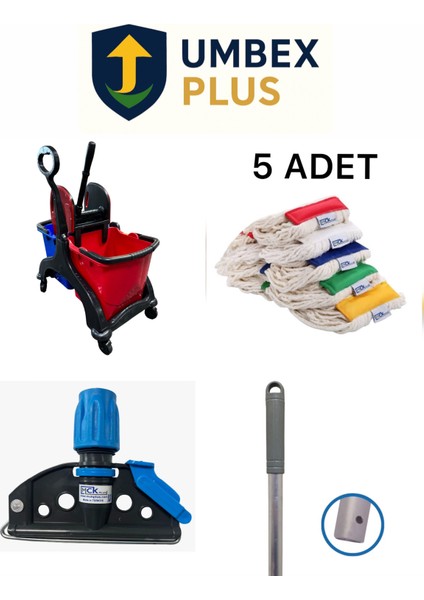 Çift Kovalı Plastik Presli Yandan Itmeli Plastik Temizlik Arabası 5 Li Mop Setli