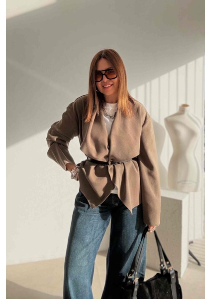 Haki Kemerli Kruvaze Ceket