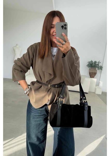 Haki Kemerli Kruvaze Ceket modelleri