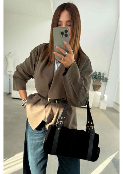 Haki Kemerli Kruvaze Ceket