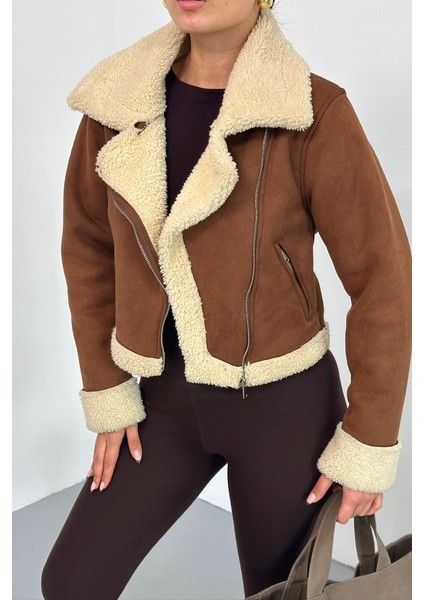 Kadın Süet Mont Kısa Içi Kürklü Kruvaze Fermuarlı Cepli Ceket