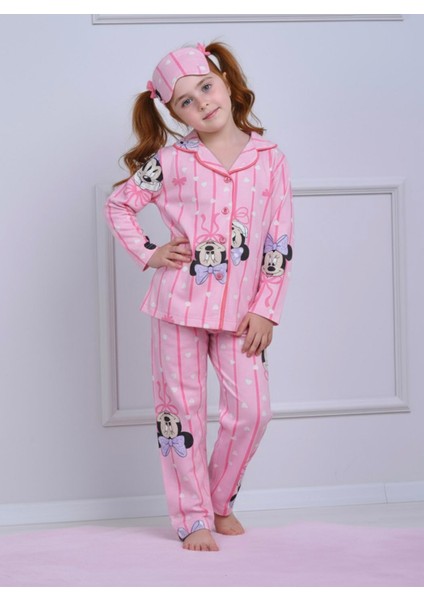 Kız Çocuk Desenli Düğmeli Uyku Bantlı Alt Üst Pijama Takımı