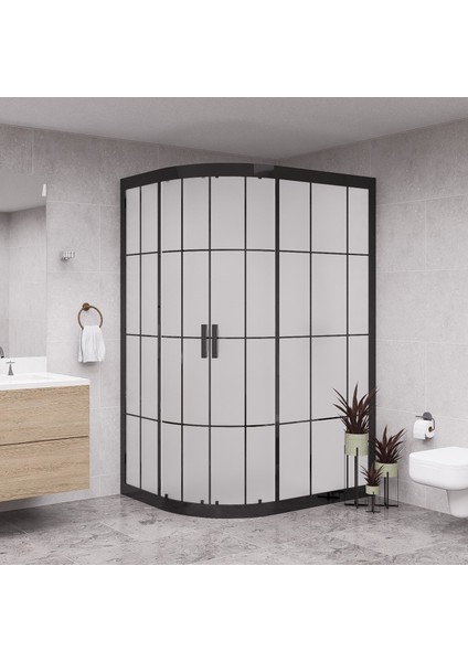 Black Solis 6mm Karolajlı Tam Kumlamalı Cam Asimetrik Oval Duşakabin