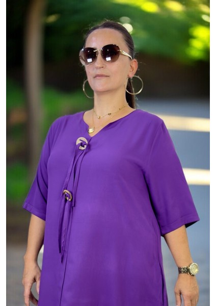 Halka Detay Yandan Cepli Boydan Tek Pile Kısa Kol Pamuklu Viskon Büyük Beden Elbise modelleri