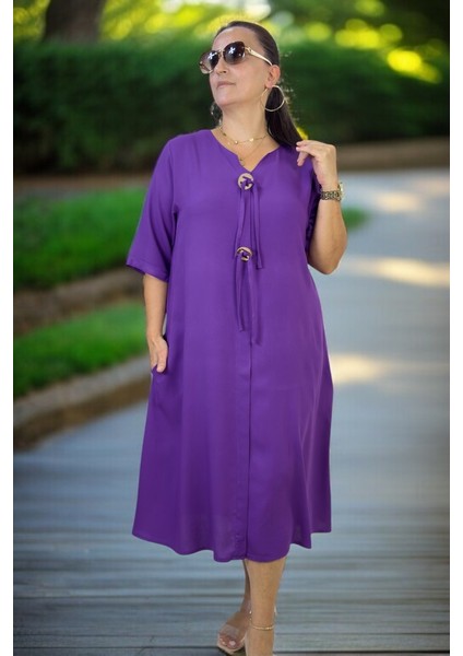 Halka Detay Yandan Cepli Boydan Tek Pile Kısa Kol Pamuklu Viskon Büyük Beden Elbise fırsatları