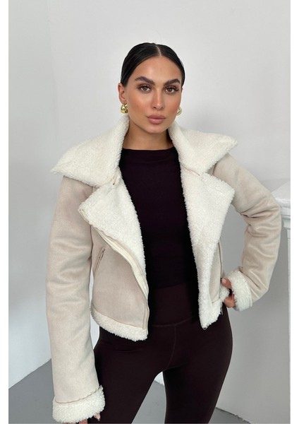Kadın Süet Mont Kısa Içi Kürklü Kruvaze Fermuarlı Cepli Ceket
