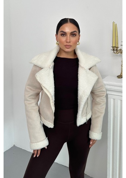 Kadın Süet Mont Kısa Içi Kürklü Kruvaze Fermuarlı Cepli Ceket modelleri