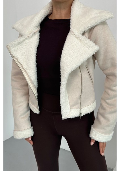 Kadın Süet Mont Kısa Içi Kürklü Kruvaze Fermuarlı Cepli Ceket