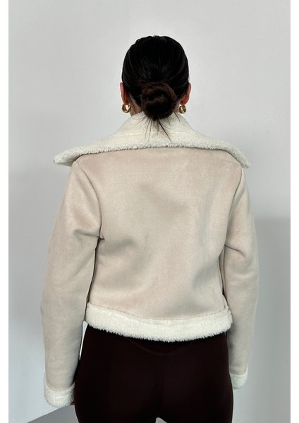 Kadın Süet Mont Kısa Içi Kürklü Kruvaze Fermuarlı Cepli Ceket