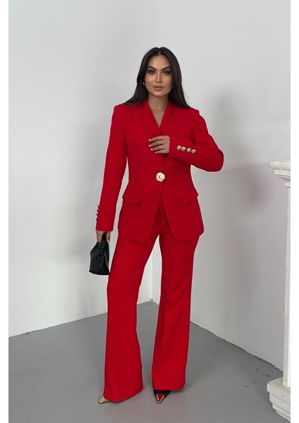 Kadın Ikili Takım Şık Düğme Detaylı Dik Yaka Blazer Ceket Bol Paça Pantolon Takım