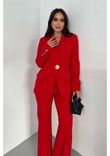 Kadın Ikili Takım Şık Düğme Detaylı Dik Yaka Blazer Ceket Bol Paça Pantolon Takım fiyatları