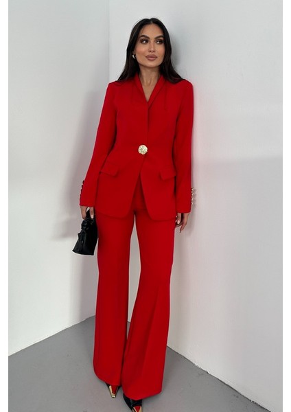Kadın Ikili Takım Şık Düğme Detaylı Dik Yaka Blazer Ceket Bol Paça Pantolon Takım modelleri