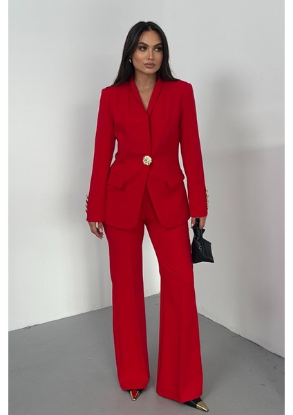 Kadın Ikili Takım Şık Düğme Detaylı Dik Yaka Blazer Ceket Bol Paça Pantolon Takım fırsatları